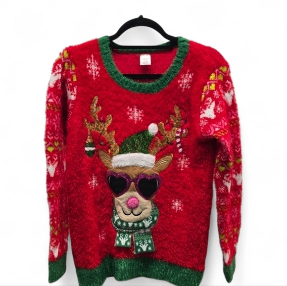 Holiday Time Sweaters - Holiday Time Plus Size XXL Reindeer Ugly Christmas Sweater Red Fuzzy Sequin
